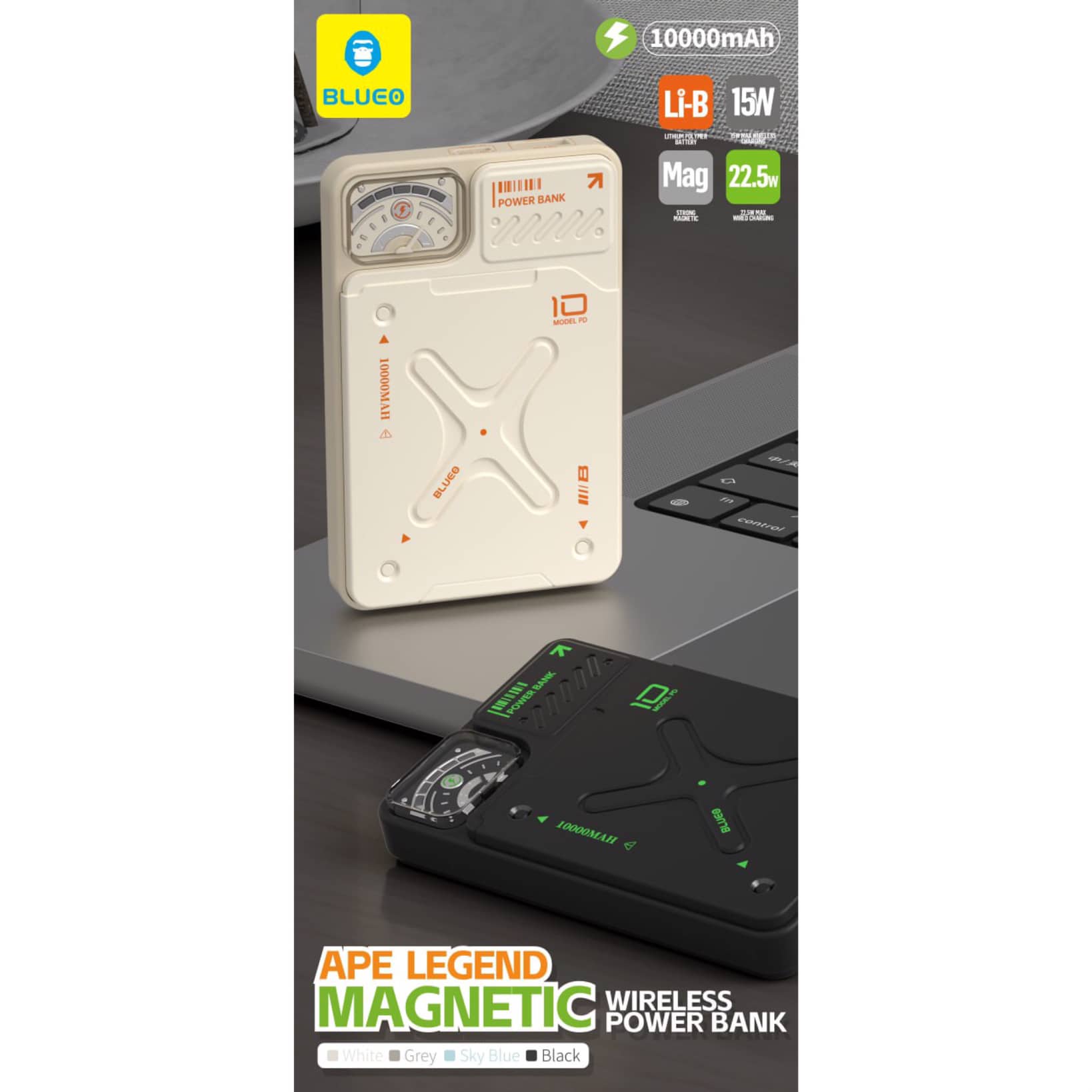 پاور بانک بلو مغناطیسی Blueo APE Legend Magnetic Wireless Power Bank 10000Mah (G)