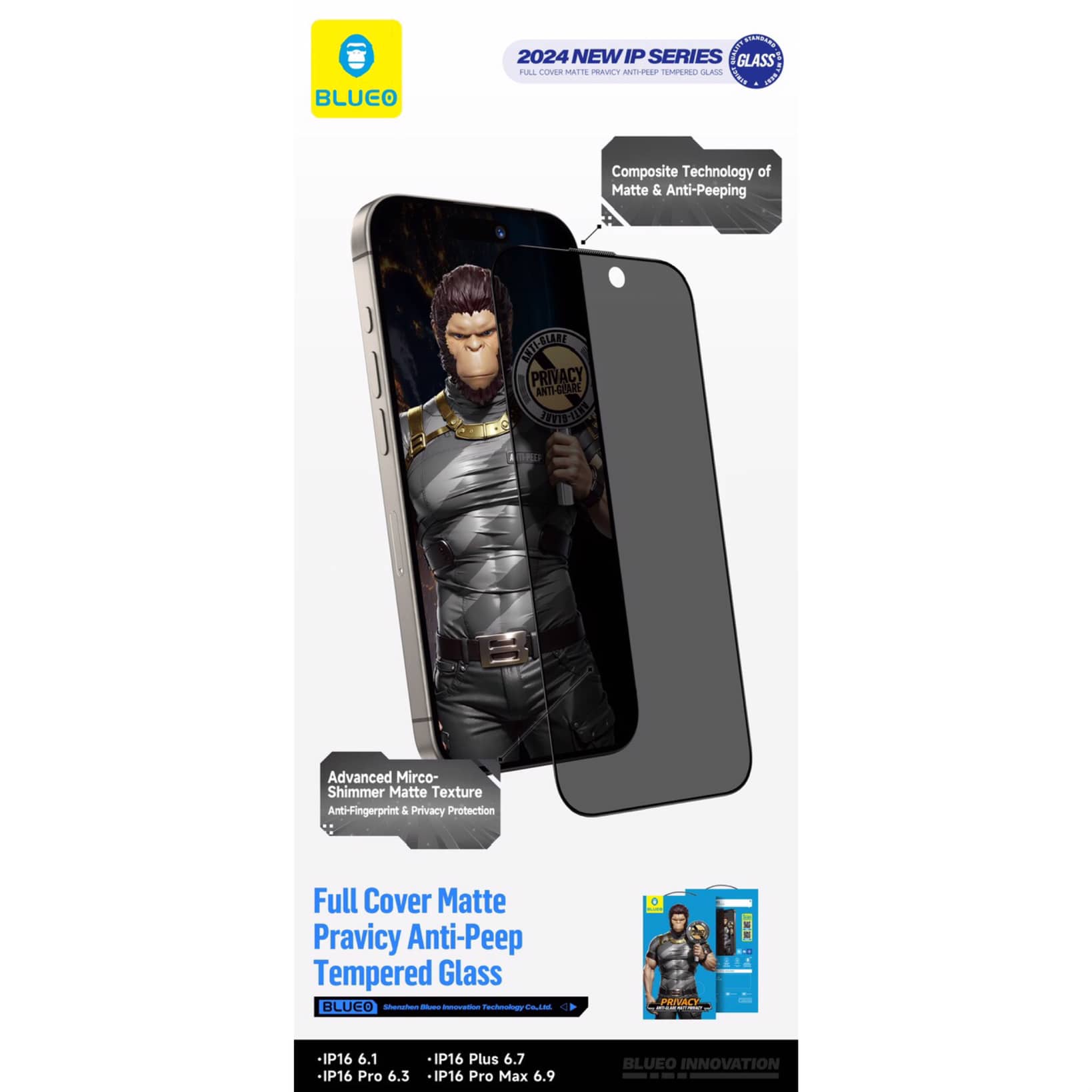 گلس ، محافظ صفحه بلو مات پرایوسی Blueo Full Cover Anti-Peep privacy Matte Glass Iphone (G)