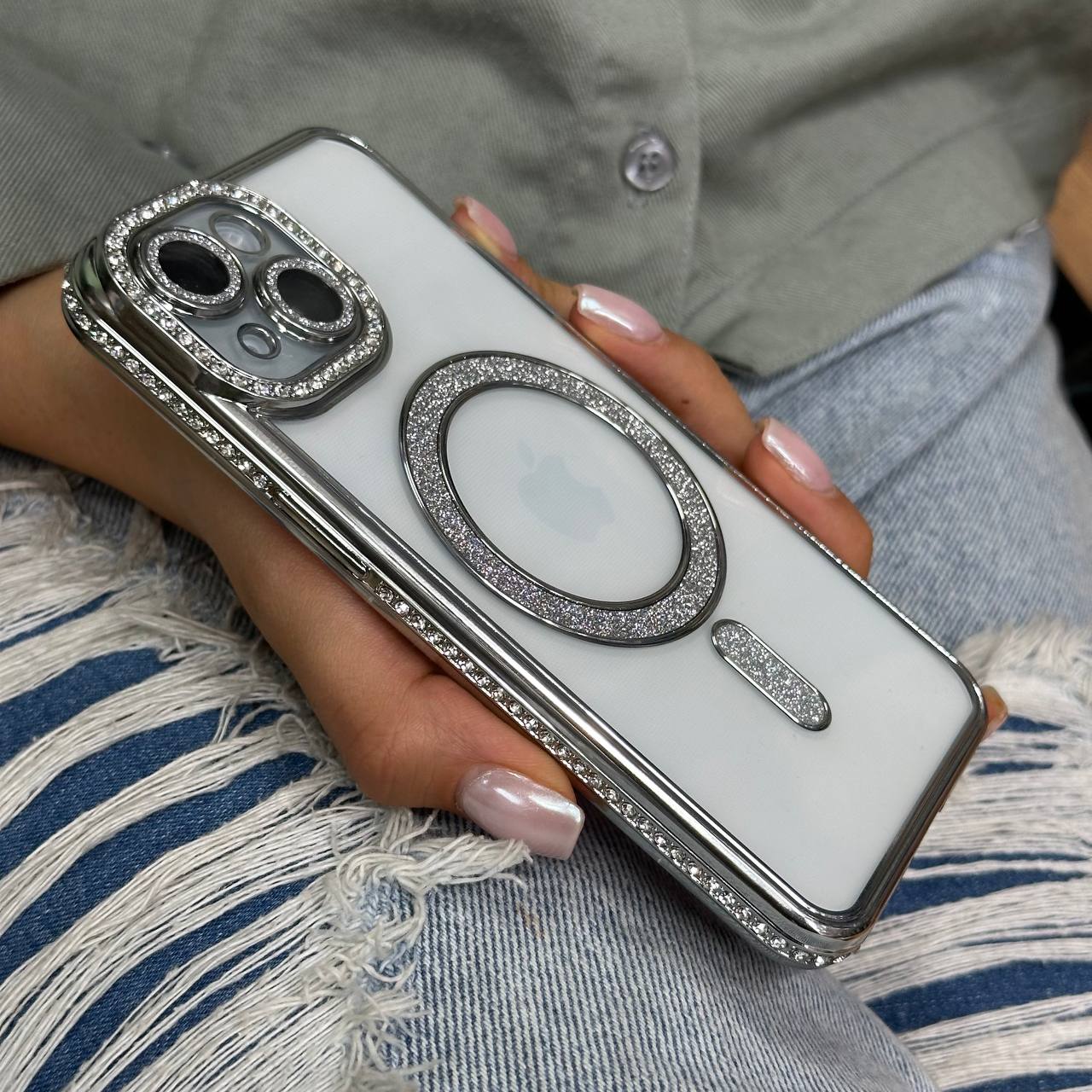 قاب شاین نگینی به همراه محافظ لنز و مگ سیف آیفون Iphone (G)