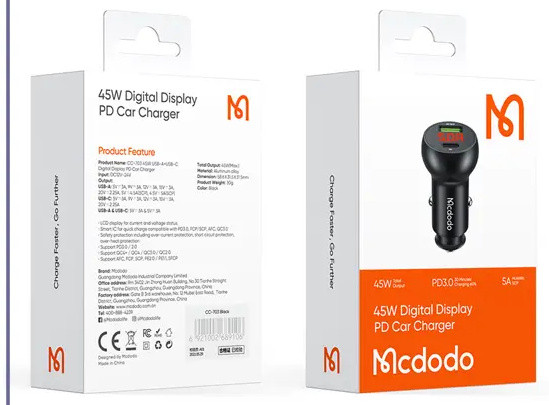 شارژر فندکی خودرو فستشارژ مک دودو MCDODO CC-7030 45W USB + Type-C Dual Ports Car Charger (E)