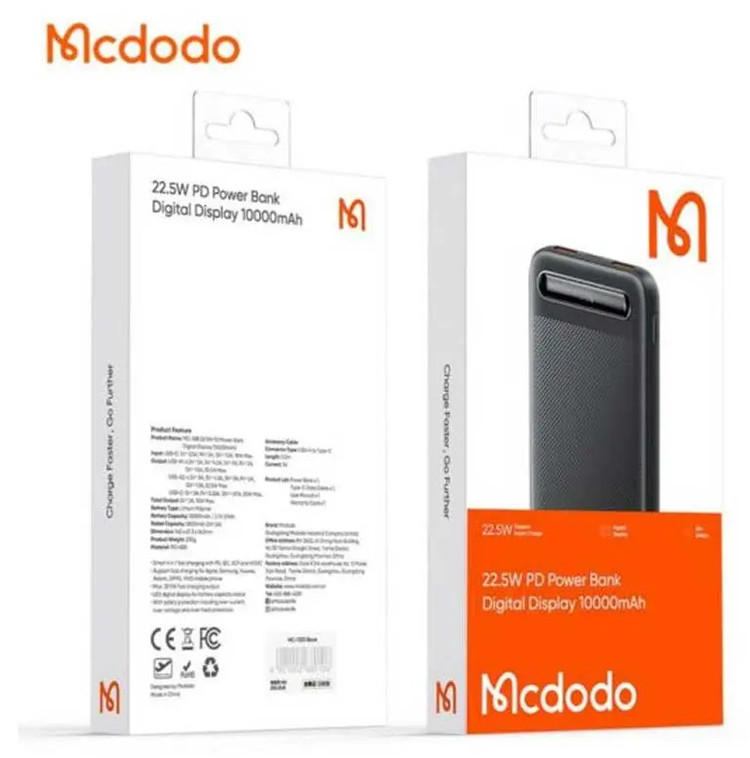 پاوربانک 22.5 وات ظرفیت 10000 مک دودو مدل MCDODO POWER BANK DIGITAL DISPLAY MC-388 (E)