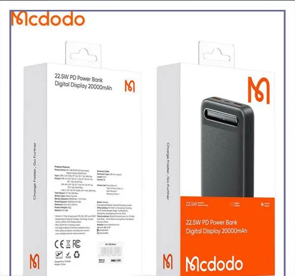 پاوربانک 22.5 وات ظرفیت 20000 مک دودو مدل MCDODO Power Bank Digital Display MC-389 (E)