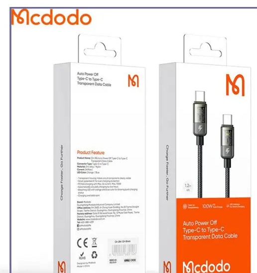 کابل شارژ دوسر تایپ سی قطع کن دار 100 وات مک دودو Mcdodo Auto Power Off Type-C To Type-C Cable CA-2840 (E)