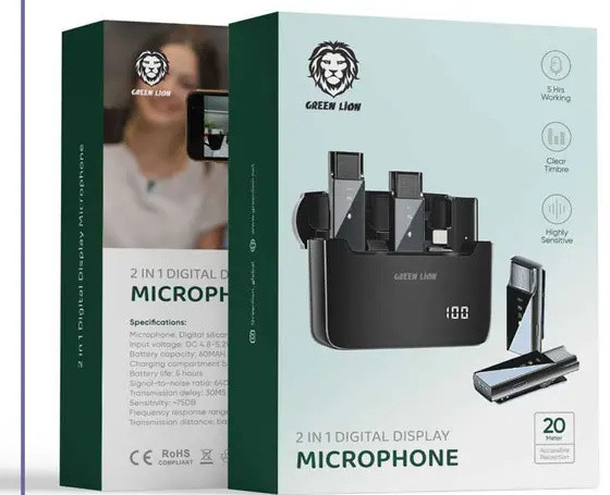 میکروفون وایرلس لایتنینگ گرین لاین Green Lion Lightning 2in1 Digital Display Microphone GN2IN1DDMLTBK (E)