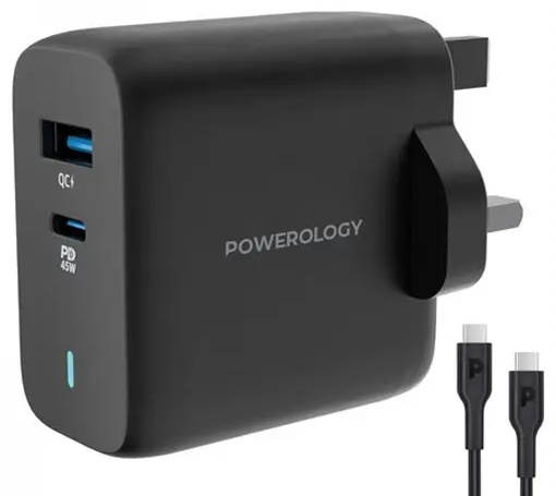 آداپتور شارژ 45 وات با کابل همراه پاورولوژی Powerology Ultra-Quick GaN Charger PWCUQC004 (E)