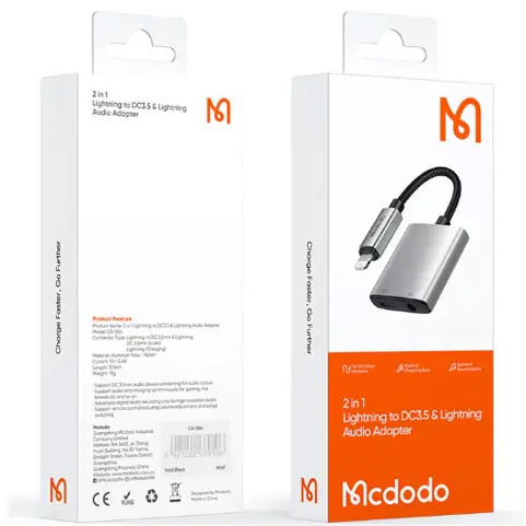 تبدیل لایتنینگ به جک 3.5 میلیمتری و لایتنینگ مک دودو Mcdodo 2in1 Lightning To DC3.5 & Lightning Audio Adapter CA-5540 (E)