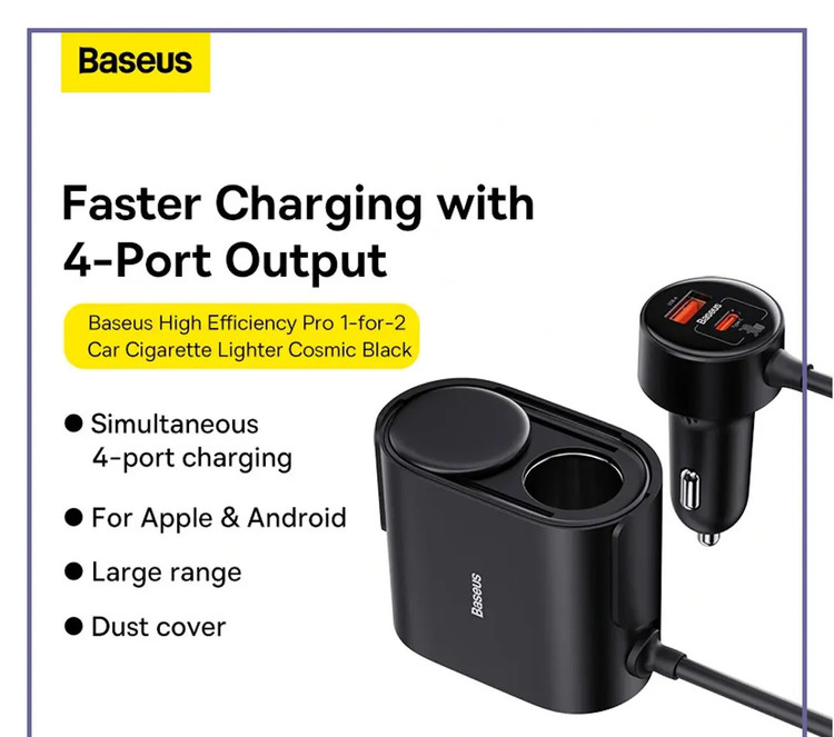 شارژر فندکی 4 پورت 30 وات بیسوس Baseus High Efficiency Pro 30W 2 in 1 Car Cigarette Lighte BS-CG010 (E)