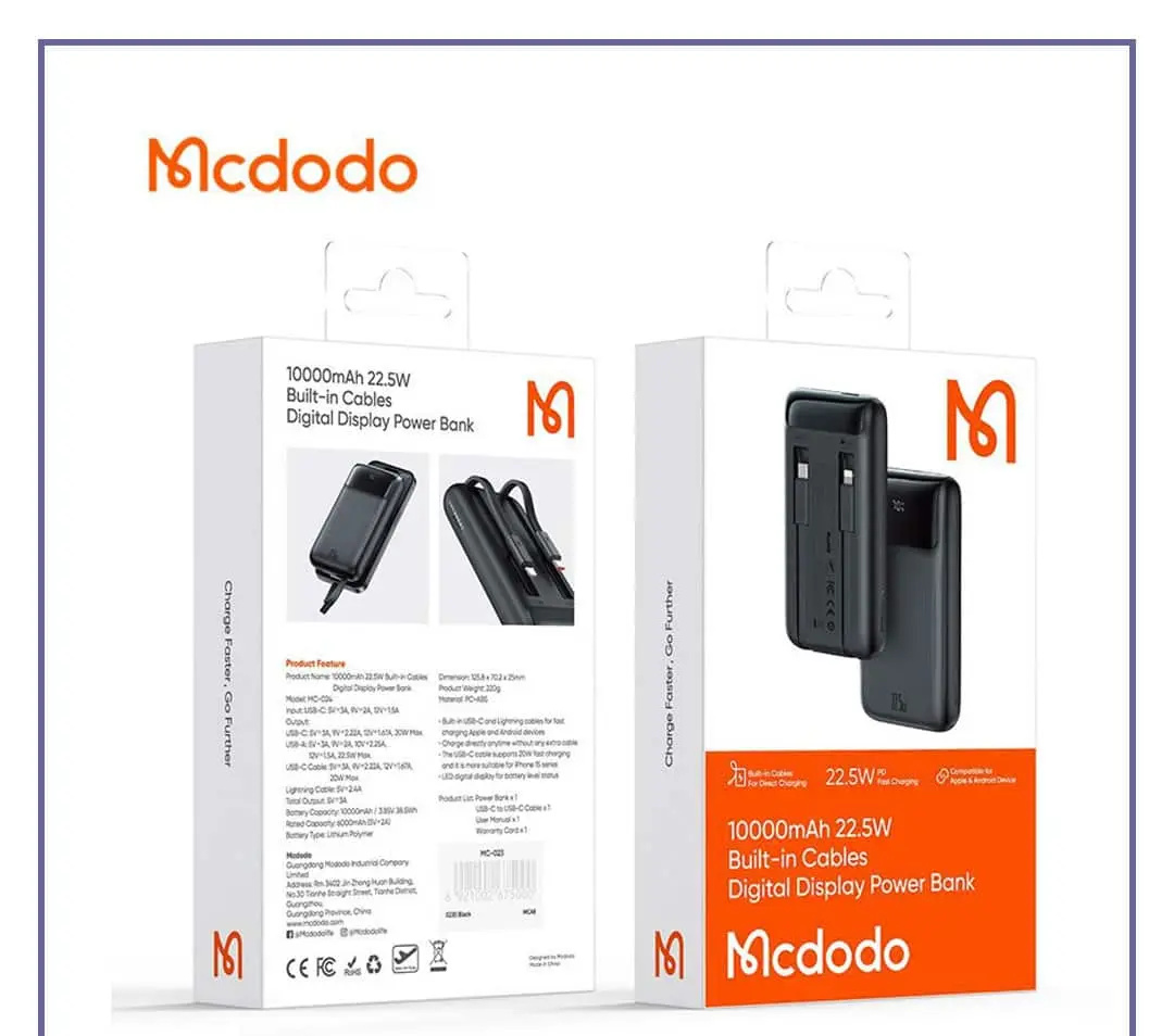 پاوربانک 10000 با کابل 22.5 وات مک دودو Mcdodo Built in Cables Power Bank MC-024 (E)