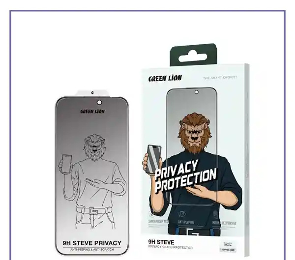 گلس حریم شخصی آیفون 16 و 15 گرین لاین Green Lion 9H Steve Privacy iPhone 16 & 15 (E)