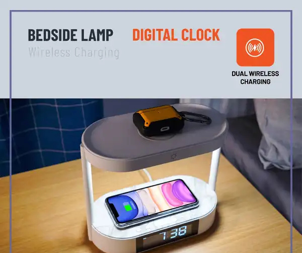 شارژر وایرلس و چراغ خواب پرودو Porodo Bedside Lamp Wireless Charging Digital Clock PD-BLWCDC (E)