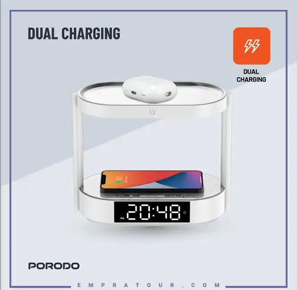 شارژر وایرلس و چراغ خواب پرودو Porodo Bedside Lamp Wireless Charging Digital Clock PD-BLWCDC (E)