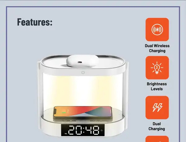 شارژر وایرلس و چراغ خواب پرودو Porodo Bedside Lamp Wireless Charging Digital Clock PD-BLWCDC (E)