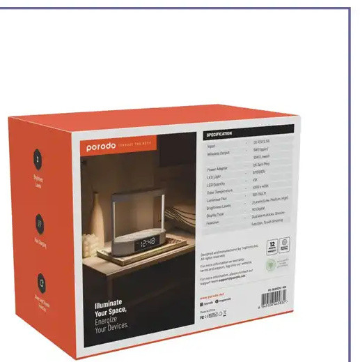 شارژر وایرلس و چراغ خواب پرودو Porodo Bedside Lamp Wireless Charging Digital Clock PD-BLWCDC (E)