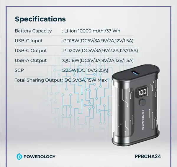 پاوربانک 20 وات 10000 میلی آمپر پاورولوژی Powerology Crystalline Series Power Bank PPBCHA24 (E)