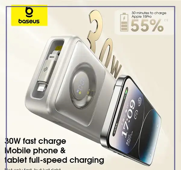پاوربانک 30 وات 20000 با کابل لایتنینگ همراه بیسوس Baseus Nomos Power Bank PPLSL01-20 (E)
