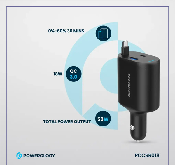شارژرفندکی 70 وات با کابل پاورولوژی Powerology Car Charger 70W PCCSR018 (E)