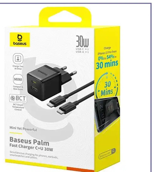 آداپتور شارژ دو پورت 30 وات با کابل Baseus Palm Fast Charger 30W Type-C+USB CCZC30UE (E)