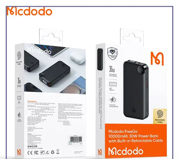 پاوربانک 30 وات 10000 با کابل تایپ سی متصل مک دودو Mcdodo FreeGo PowerBank MC-3870 (E)