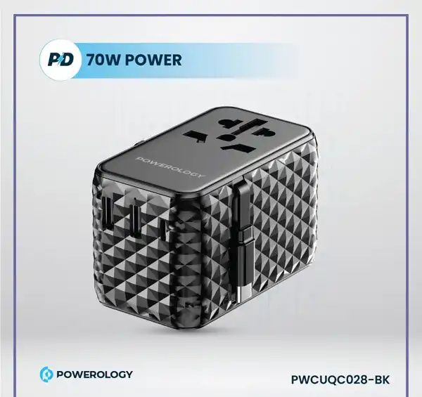 شارژر چند کاره با کابل جمع شونده پاورولوژی Powerology GaN Universal Charger Retractable PWCUQC028 (E)