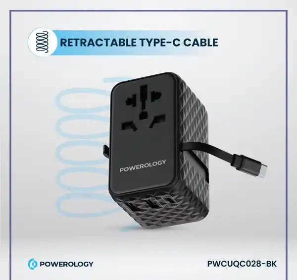 شارژر چند کاره با کابل جمع شونده پاورولوژی Powerology GaN Universal Charger Retractable PWCUQC028 (E)
