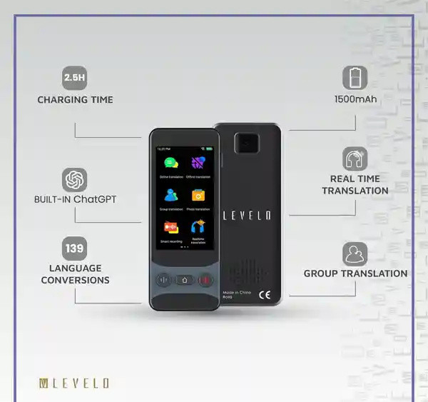 دستگاه مترجم صوتی همراه آنلاین لولو Levelo FluentLink Offline & Online Voice Translator LVLFLVTGY (E)