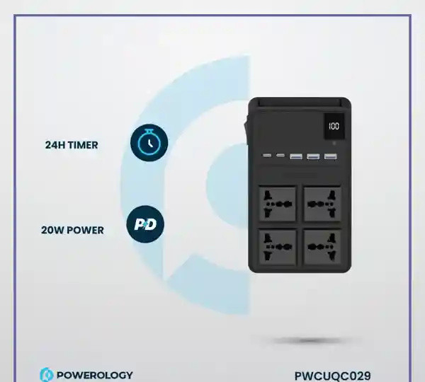 محافظ برق چندراهی برق 2500 وات به همراه کابل جمع شونده پاورولوژی Powerology Power Strip PWCUQC029 (E)