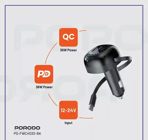 شارژر فندکی 47 وات همراه با کابل تایپ سی پرودو Porodo Dual Port Car Charger PD-FWCH030 (E)