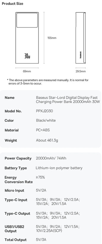 پاوربانک 30 وات 20000 بیسوس Baseus Star-Lord Power Bank PPXJ2030 (E)