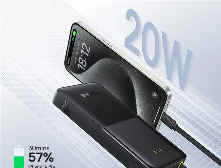 پاوربانک 20وات 10000 با کابل بیسوس Baseus Power Bank Bipow 2 With Cable PPBD2-1W20 (E)