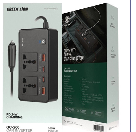 اینورتر 200 وات گرین لاین Green Lion 200W Car Inverter GNGC200CINBK (E)