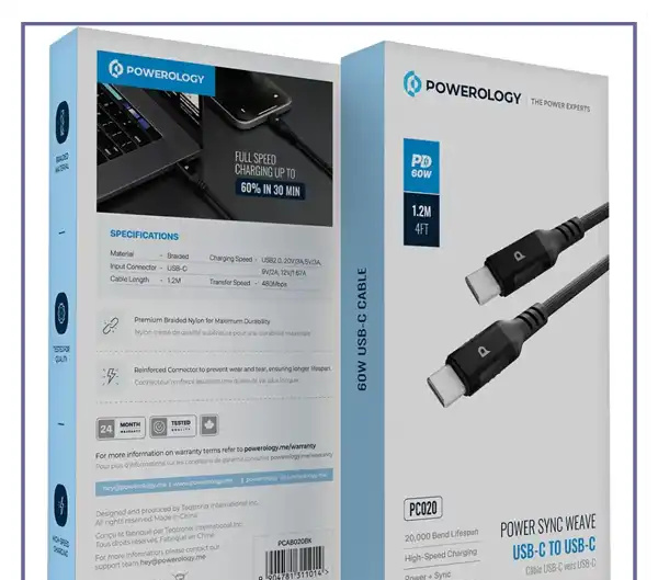 کابل شارژ دو سر تایپ سی 1.2 متر 60 وات پاورولوژی Powerology Cable PCAB020LGY (E)