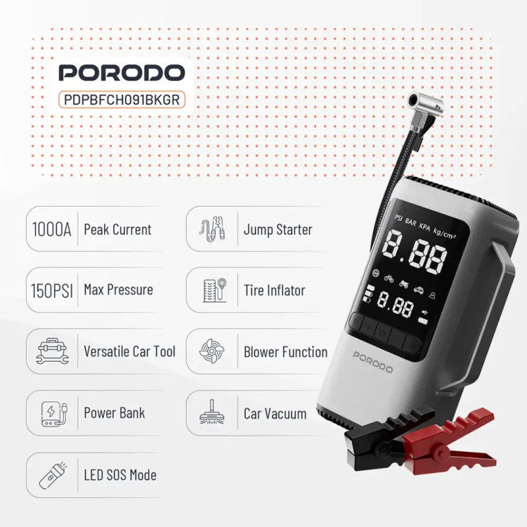 جامپ استارتر و پمپ باد 6 کاره پرودو Porodo 6-in-1 Multi Function Power Tool PDPBFCH091BKGR (E)