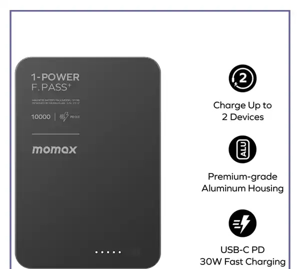 پاور بانک مگنتی10000 مومکس Momax 1-Power F.Pass⁺ IP158 (E)