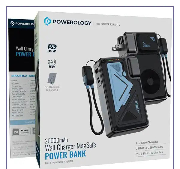 شارژر دیواری و پاوربانک وایرلس20000 پاورولوژی Powerology Wall Charger MagSafe PPBMH104BK (E)