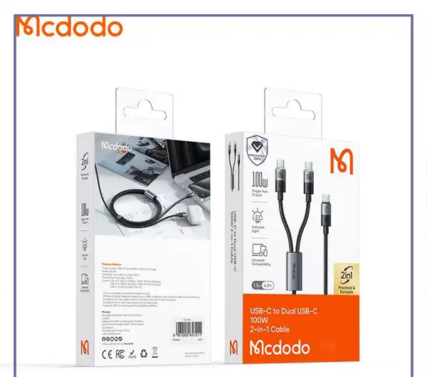 کابل شارژ چند سر تایپ سی 100 وات 1.5 متر مک دودو Mcdodo 2in1 Cable CA-6740 (E)