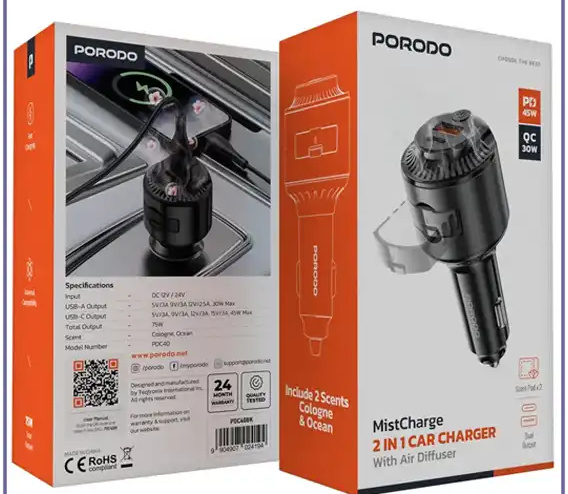شارژر فندکی 75 وات و خوشبوکننده هوا پرودو Porodo MistCharge Car Charger with Air Diffuser PDC40BK (E)