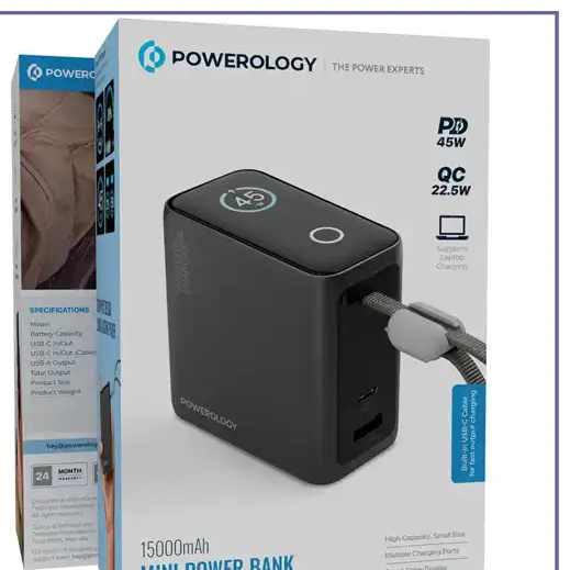 پاوربانک 45 وات 15000 با کابل تایپ سی پاورولوژی Powerology Mini Power Bank PPBCHA60BK (E)