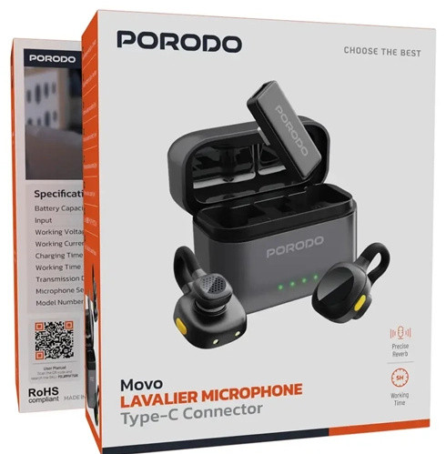 میکروفون یقه ای بیسیم پرودو Porodo Movo Lavalier Microphone Type-C PDLAMPHF76BK (E)