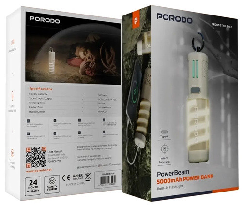 پاوربانک 5000 همراه با حشره کش و چراغ قوه پرودو Porodo PowerBeam PDNDC017KH (E)