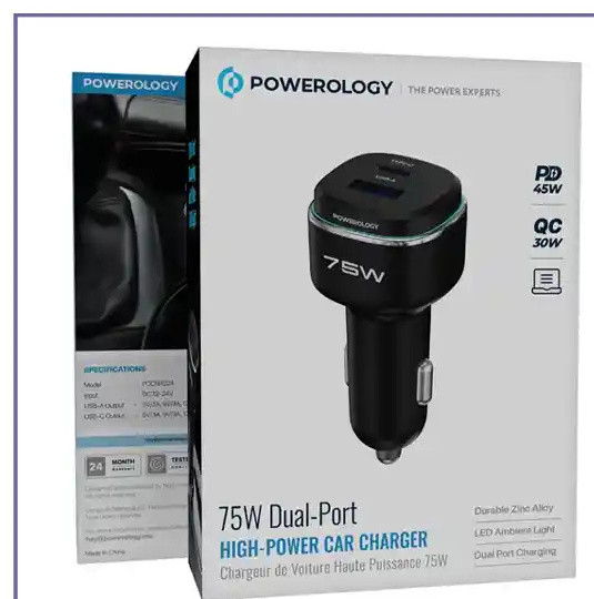 شارژر شاژر فندکی دو پورت 75 وات پاورولوژی Powerology 75W Car Charger PCCSR024BK (E)