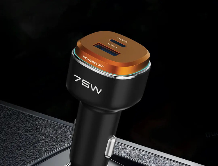 شارژر شاژر فندکی دو پورت 75 وات پاورولوژی Powerology 75W Car Charger PCCSR024BK (E)
