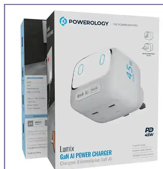 آداپتور شارژ 45 وات هوشمند پاورولوژی Powerology Lumix GaN AI Power Charger PWCUQC052WH (E)