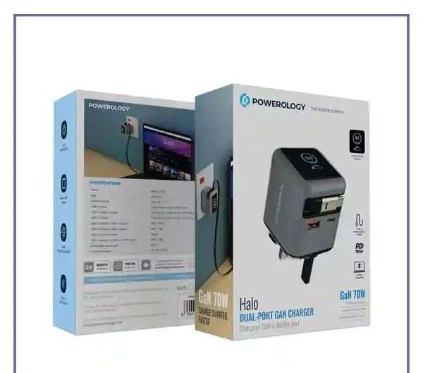 آداپتور شارژ 70 وات هوشمند پاورولوژی Powerology Halo Dual-Port GaN Charger PWCUQC051 (E)
