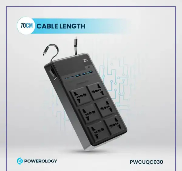 محافظ برق چندراهی برق 2500 وات به همراه کابل جمع شونده پاورولوژی Powerology 6AC Power Strip PWCUQC030 (E)
