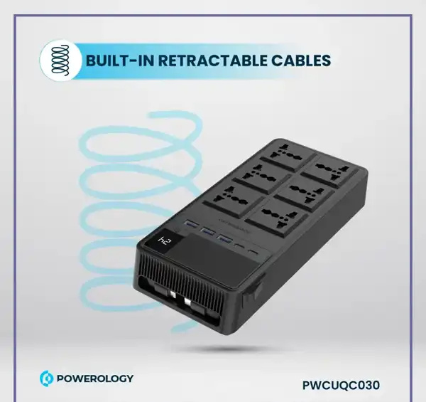 محافظ برق چندراهی برق 2500 وات به همراه کابل جمع شونده پاورولوژی Powerology 6AC Power Strip PWCUQC030 (E)