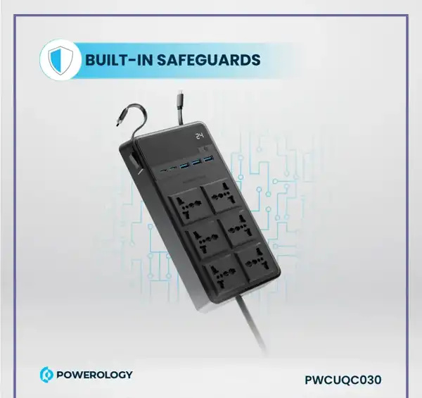 محافظ برق چندراهی برق 2500 وات به همراه کابل جمع شونده پاورولوژی Powerology 6AC Power Strip PWCUQC030 (E)