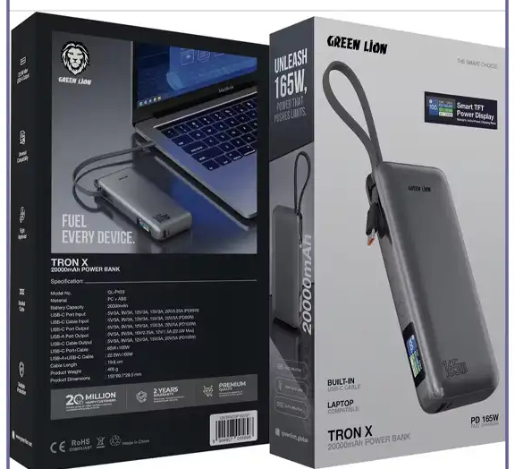 پاروبانک 165 وات 20000 با کابل تایپ سی گرین لاین Green Lion Tron X Power Bank GNTRX20P165GY (E)