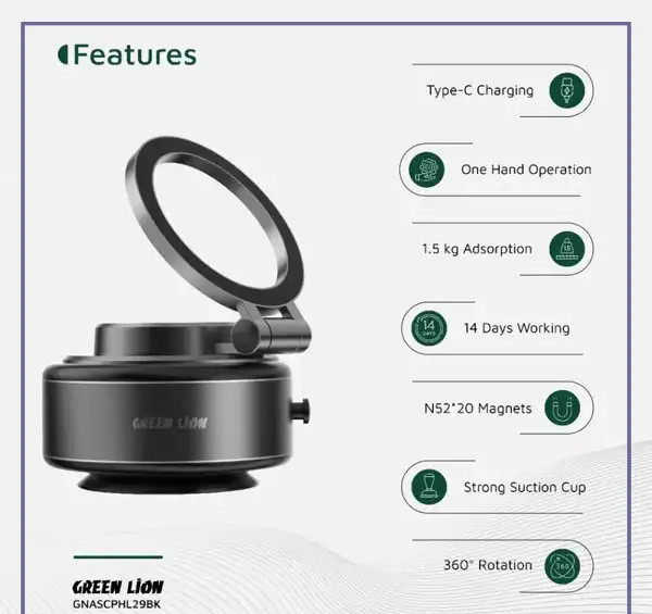 هولدر وکیومی برقی گرین لاین Green Lion GX-29 Auto Suction Phone Holder GNASCPHL29BK (E)