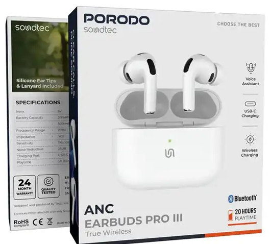هندزفری بلوتوث پرودو Porodo Soundtec ANC True Wireless Earbuds Pro PD8002WH (E)