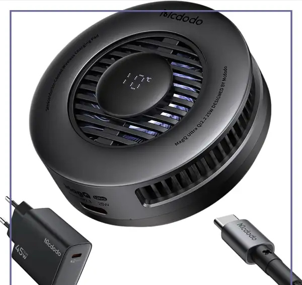 فن خنک کننده و شارژر وایرلس 25 واتی مکدودو MCDODO Wireless Charger Fast Charging Qi2 CH-8410 (E)